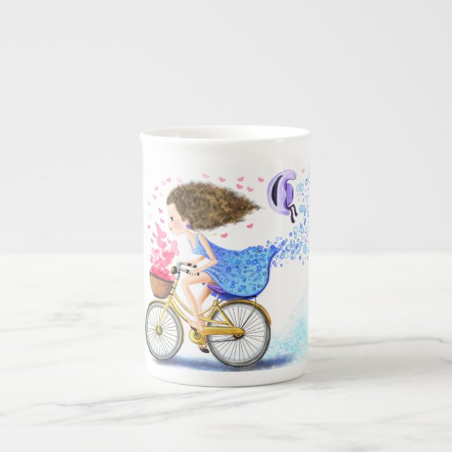 Lycklig Young Girl med Bike Mugg Benporslin Mugg (Framsidan)