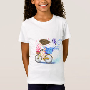 Lycklig Young Girl on a Bike - Romantic Hearts T Shirt