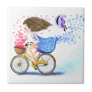 Lycklig Young Girl on a Bike - Romantic Kärlek He Kakelplatta