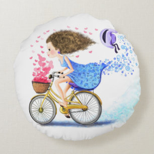 Lycklig Young Girl on a Bike - Romantic Kärlek Hea Rund Kudde