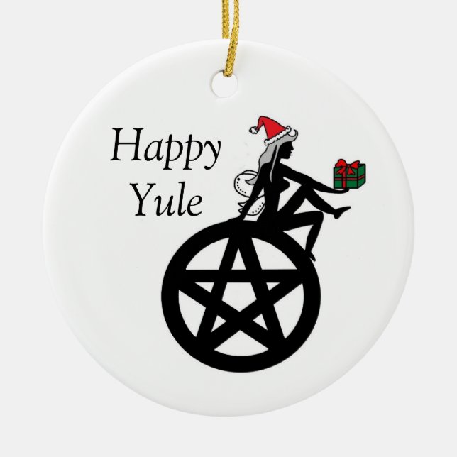 Lycklig Yule Pagan älva och Pentacle Julgransprydnad Keramik (Framsidan)