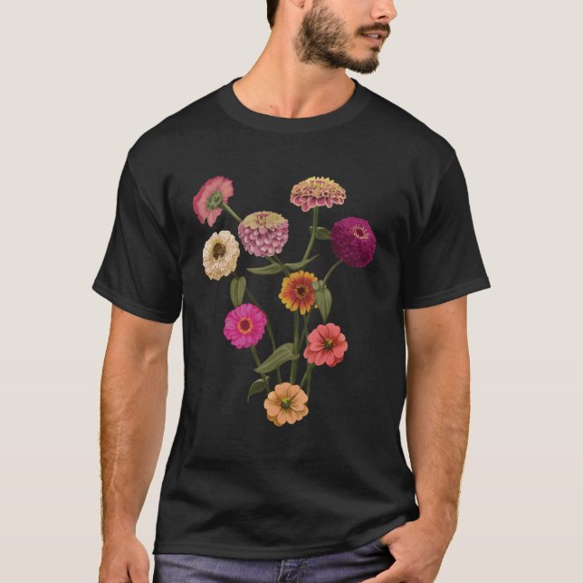 Lycklig Zinnia Wildblommhandmålade Stil T Shirt (Framsida)