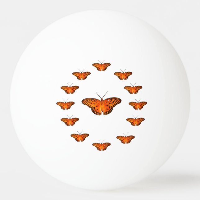 Lyckliga 13 passionfjärilar på vit pingisboll (Framsidan)