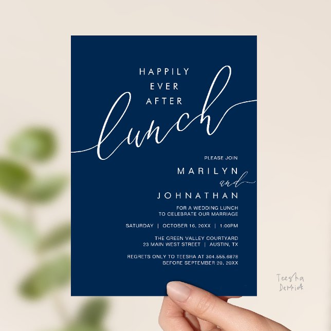 Lyckliga Alltid Efter Middag Bröllopsmottagning Mi Inbjudningar (Happily Ever After Lunch Wedding Reception Invitation Card in Navy Blue)