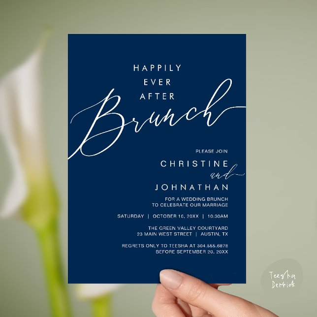 Lyckliga Alltid Efter Middag Bröllopsmottagning Mi Inbjudningar (Happily Ever After Brunch Post Wedding Reception Invitation Card in Navy Blue)