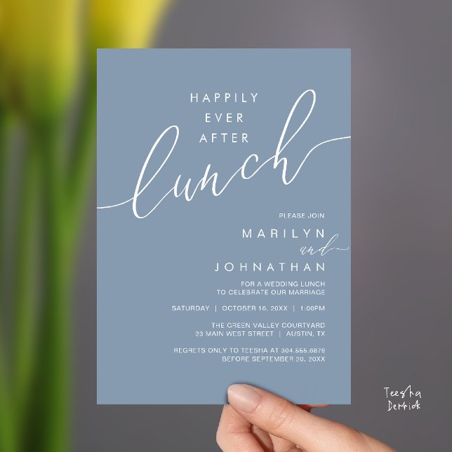 Lyckliga Alltid Efter Middag Bröllopsmottagning Mi Inbjudningar (Happily Ever After Lunch Wedding Reception Invitation Card in Dusty Blue)
