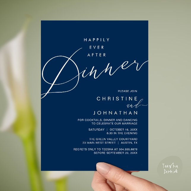 Lyckliga Alltid Efter Middag Bröllopsmottagning Mi Inbjudningar (Happily Ever After Dinner Wedding Reception Dinner Invitation Card in Navy Blue)