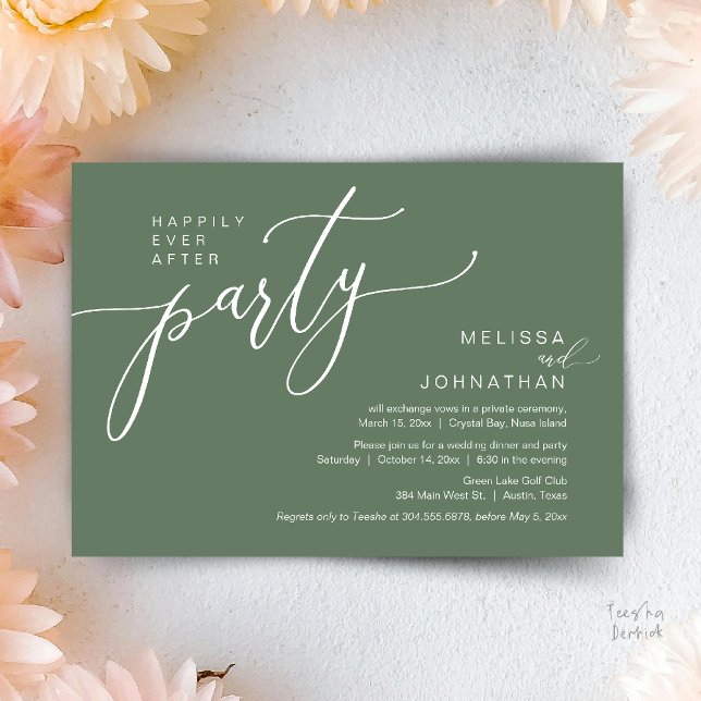 Lyckliga Bröllopsflykt Middag Efterfest Inbjudningar (Happily Ever After Wedding Elopement Dinner Party Invitation card, in Sage Green)