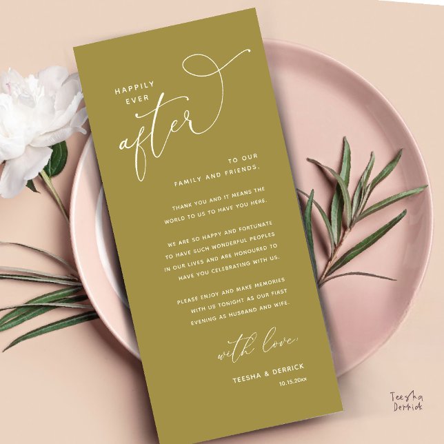 Lyckliga Bröllopsmiddag Tack Kort (Welcome and Thanks, Happily Ever After Modern Wedding Dinner Thank You Card in Classy Yellow Gold)