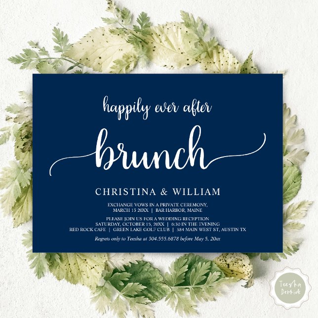 Lyckliga Brunch Efter Bröllop, Bröllopsflykt, Mari Inbjudningar (Happily ever after brunch, Modern wedding, invitation card, PDF, in Navy Blue)