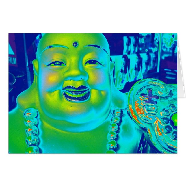 "Lyckliga Buddha ", Hälsningskort (Framsidan Horizontal)