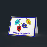 Lyckliga Chanukah Dreidels Helgkort<br><div class="desc">Fyra Chanukah Dreidels i ljusa färger med ord lyckliga Chanukah under</div>