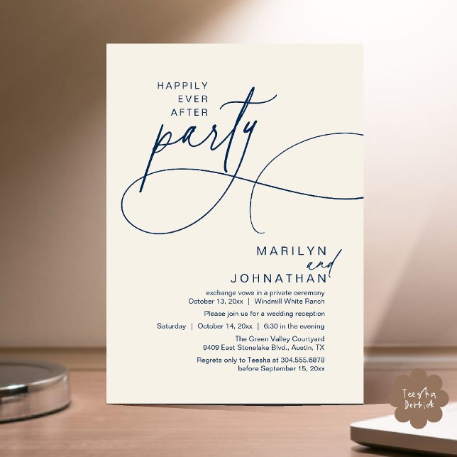 Lyckliga dagar för evigt Modern Elegant Bröllopsmi Inbjudningar (Happily Ever After Modern Elegant Romantic Wedding Reception Dinner Invites Card in Navy Blue Ivory)