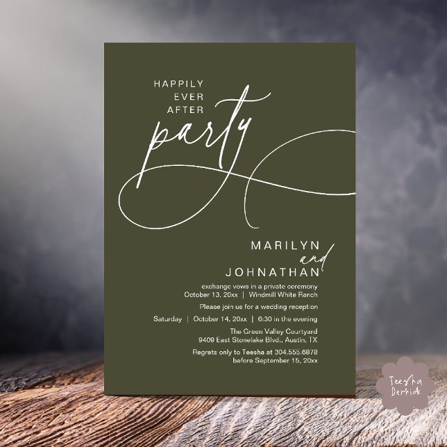 Lyckliga dagar för evigt Modern Elegant Bröllopsmi Inbjudningar (Happily Ever After Modern Elegant Romantic Wedding Reception Dinner Invitation Card in Olive Green)