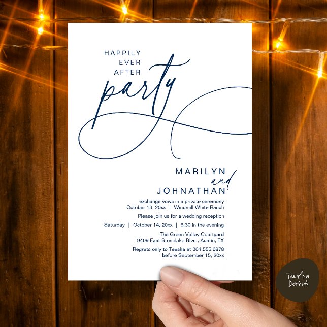 Lyckliga dagar för evigt Modern Elegant Bröllopsmi Inbjudningar (Happily Ever After Modern Elegant Romantic Wedding Reception Dinner Invitation Card in Navy Blue)