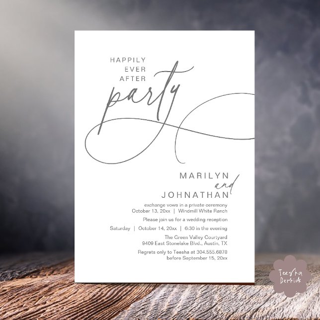 Lyckliga dagar för evigt Modern Elegant Bröllopsmi Inbjudningar (Happily Ever After Modern Elegant Romantic Wedding Reception Dinner Invitation Card in Dark Grey)