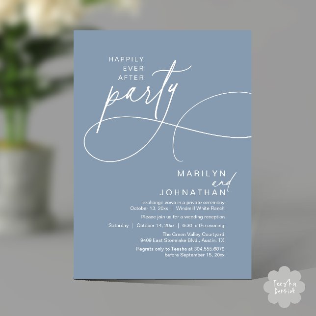Lyckliga dagar: Modern elegant middag på bröllopsf Inbjudningar (Happily Ever After Modern Elegant Romantic Wedding Reception Dinner Invitation Card in Dusty Blue)