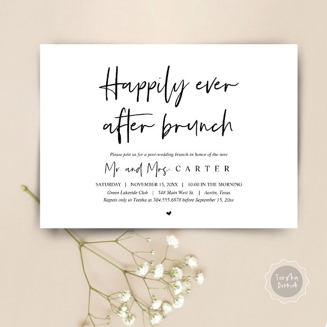 Lyckliga för alltid brunch, efter bröllop inbjudningar (Happily Ever After Brunch Invitation Card, Post wedding, Modern Script, Timeless Black and White)