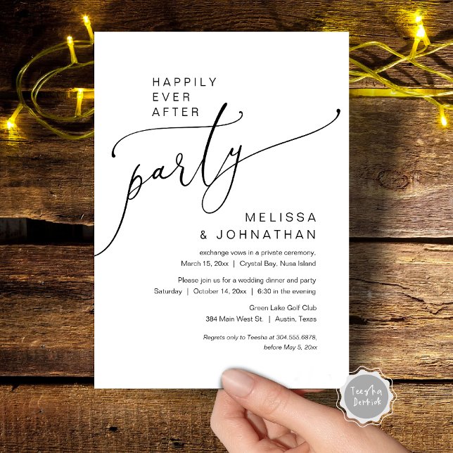 Lyckliga För Evigt Bröllop Elopement Fest Inbjudningar (Happily Ever After Wedding Elopement Party Invitation Card, in Modern Romantic Script, Digital)
