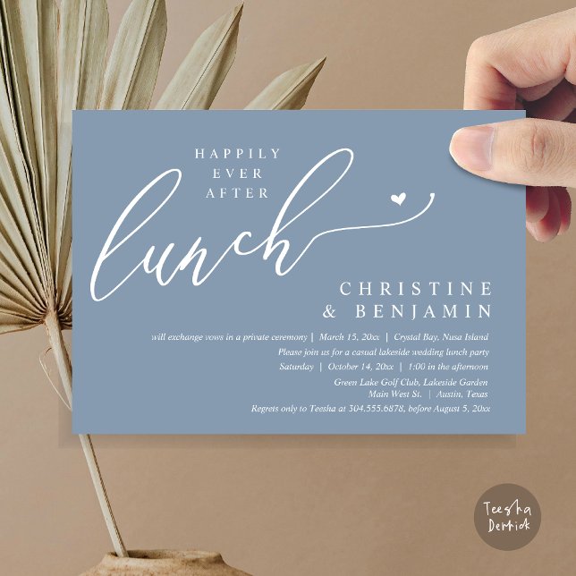 Lyckliga För Evigt Bröllops Lunchfirande Inbjudningar (Happily ever After Lunch Invitation Card, PDF, Post Wedding Elopement, In Dusty Blue)