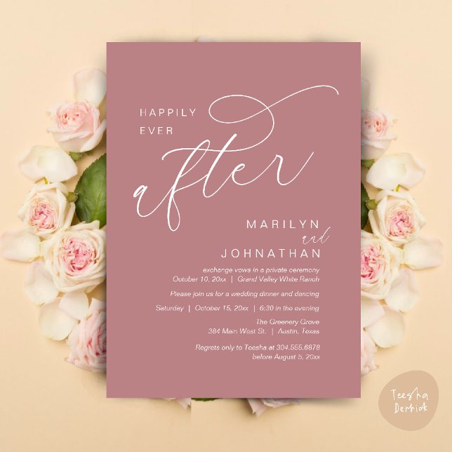 Lyckliga För Evigt Bröllopsfest Middag Dans Inbjudningar (Romantic Happily Ever After Wedding Dinner Party Lunch Brunch Invitation PDF Card Dusty Rose Pink)