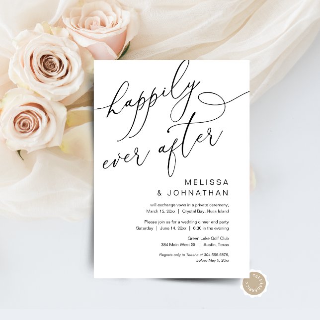 Lyckliga För Evigt, Bröllopsfest Middag Efter Bröl Inbjudningar (Happily Ever After, RomanticPost Wedding Elopement Brunch, Dinner, Party Celebration Invitation Card)