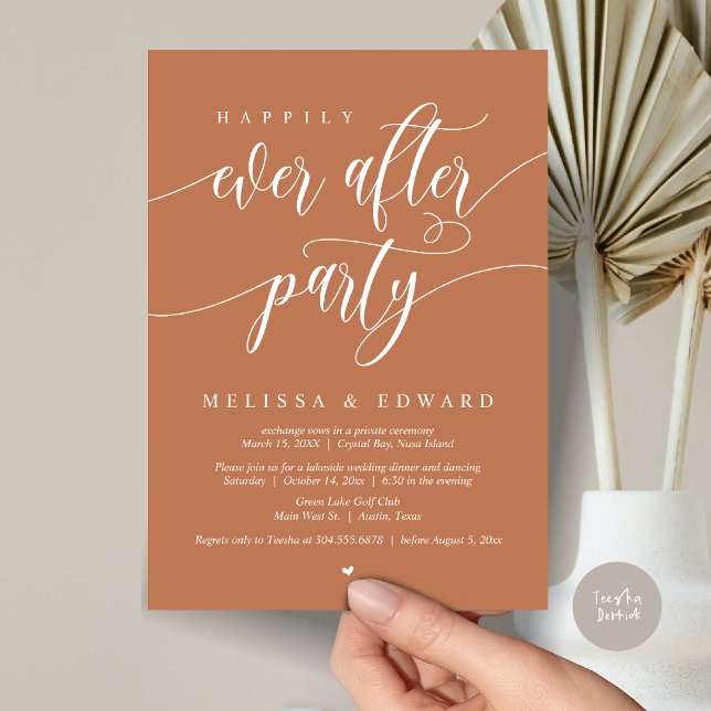 Lyckliga För Evigt Bröllopsfirande, Kopparrödrost Inbjudningar (Happily Ever After Elopement Party Invitation Card, PDF, Modern Wedding Dinner, in Copper Rust)
