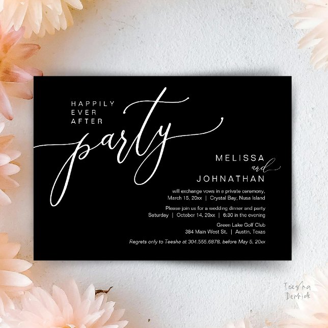 Lyckliga För Evigt Bröllopsflykt Middag Fest Inbjudningar (Happily Ever After Wedding Elopement Dinner Party Invitation card, in Black and White)