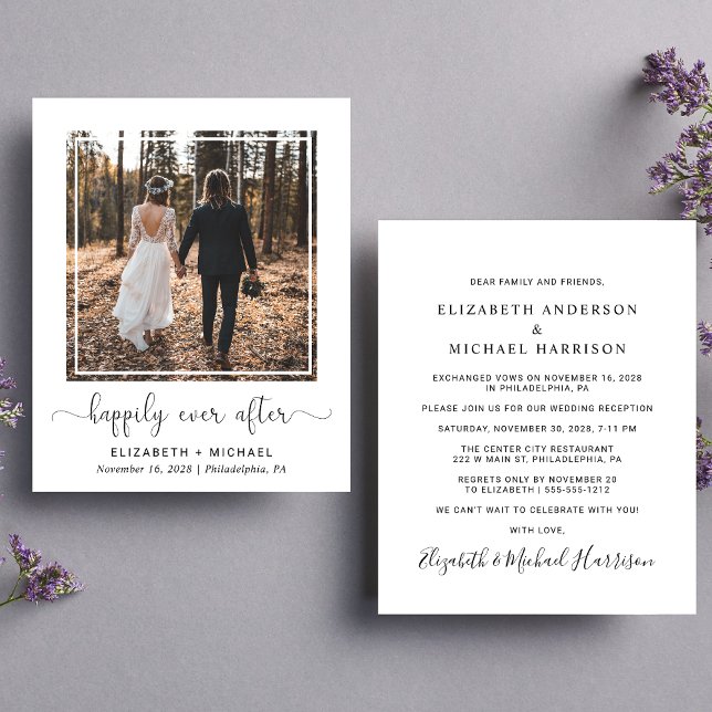 Lyckliga För Evigt Bröllopsmottagning Foto Inbjuda (A stylish affordable invitation for  a reception to celebrate your elopement or private wedding)