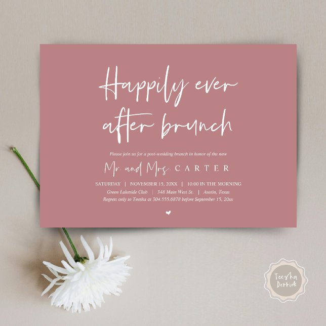 Lyckliga för evigt-brunch, Modern efterbröllopsfes Inbjudningar (Happily ever after brunch, Modern post wedding Invitation Card, PDF, in timeless Dusty Rose Pink)