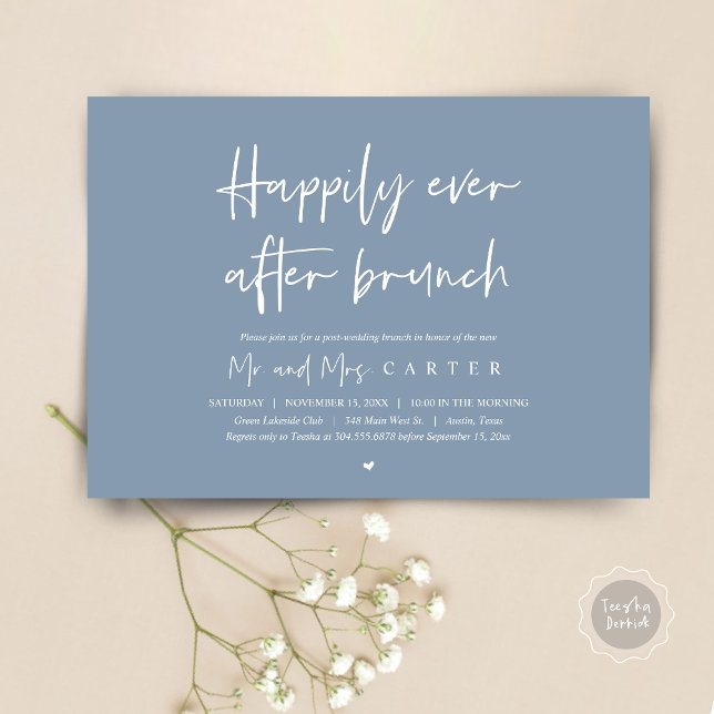 Lyckliga för evigt-brunch, Modern efterbröllopsfes Inbjudningar (Happily Ever After Brunch Invitation Card, PDF, Modern Wedding Elopement, Celebration, Dusty Blue)