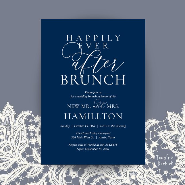 Lyckliga För Evigt Brunch Modern Post Bröllop Inbjudningar (Happily Ever After Brunch Modern Post Wedding Invitation Card in Navy Blue)