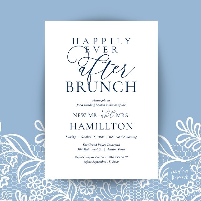 Lyckliga För Evigt Brunch Modern Post Bröllop Inbjudningar (Happily Ever After Brunch Modern Post Wedding Invitation Card in navy Blue)