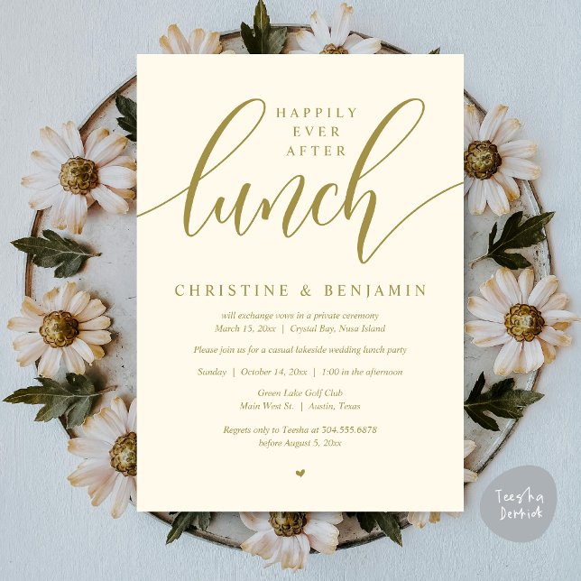 Lyckliga För Evigt Efter Lunch, Hemligt Bröllop, M Inbjudningar (Happily Ever After Lunch, Elopement Card, PDF, Modern Wedding, in Yellow Gold)
