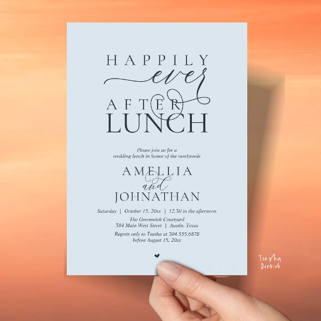 Lyckliga För Evigt Efter Lunch Modern Bröllopsflyk Inbjudningar (Happily Ever After Lunch Modern Wedding Elopement Invitation Card in misty blue)