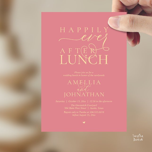 Lyckliga För Evigt Efter Lunch Modern Bröllopsflyk Inbjudningar (Happily Ever After Lunch Modern Wedding Elopement Invitation Card in dusty rose pink)