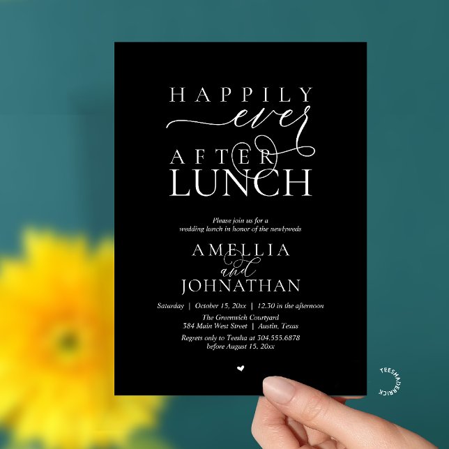 Lyckliga För Evigt Efter Lunch Modern Bröllopsflyk Inbjudningar (Happily Ever After Lunch Modern Wedding Elopement Invitation Card in black and white)