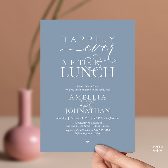 Lyckliga För Evigt Efter Lunch Modern Bröllopsflyk Inbjudningar (Happily Ever After Lunch Modern Wedding Elopement Invitation Card in dusty blue)