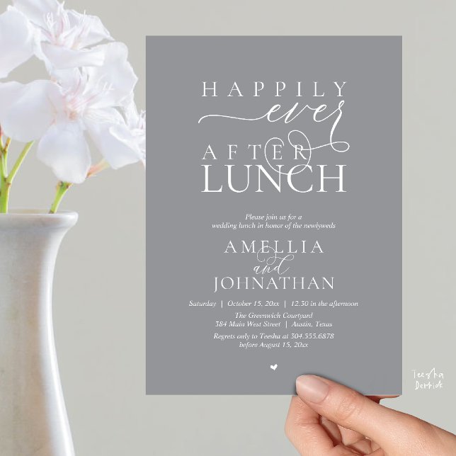 Lyckliga För Evigt Efter Lunch Modern Bröllopsflyk Inbjudningar (Happily Ever After Lunch Modern Wedding Elopement Invitation Card in dark grey)
