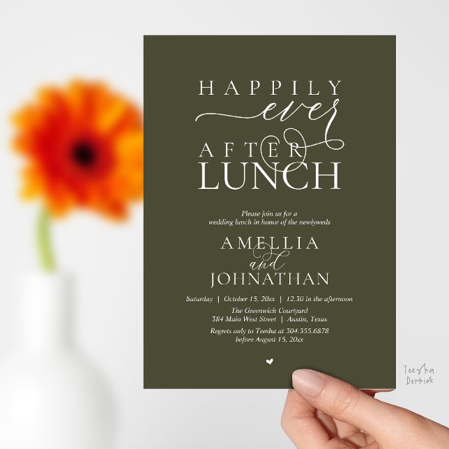 Lyckliga För Evigt Efter Lunch Modern Bröllopsflyk Inbjudningar (Happily Ever After Lunch Modern Wedding Elopement Invitation Card in olive green)