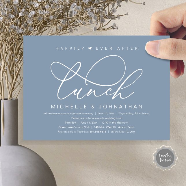 Lyckliga För Evigt Efter Lunch, Modern Romantisk F Inbjudningar (Happily Ever After Lunch Invitation Card, PDF, Wedding Elopement, Romantic Heart Script, Dusty Blue)