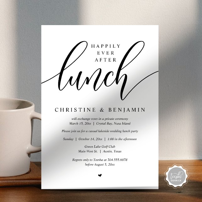 Lyckliga För Evigt Efter Lunchen, Hemlig Bröllop,  Inbjudningar (Happily Ever After Lunch Party, Modern Script Invitation card, Printed and or digital download)