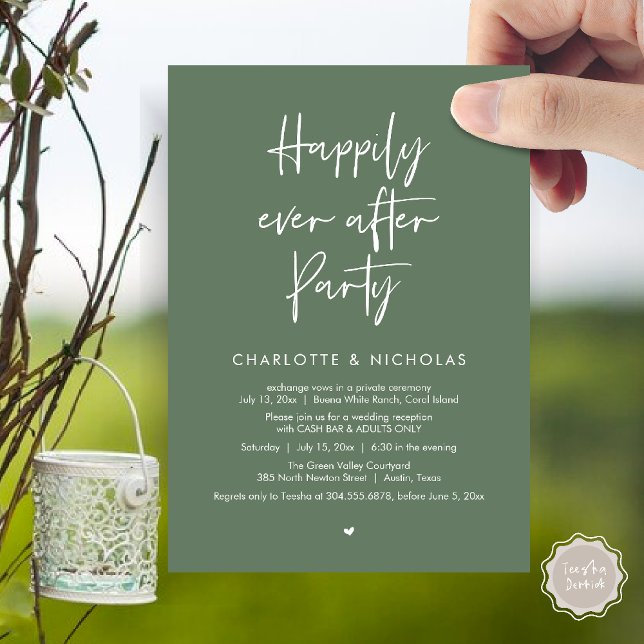 Lyckliga För Evigt Efter Middag Bröllopsfest Bar M Inbjudningar (Happily Ever After Modern Dinner Wedding Reception Party Cash Bar Invitation Card PDF Sage Green)
