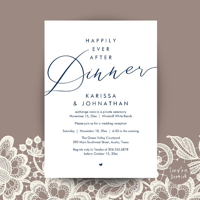 Lyckliga För Evigt Efter Middag Bröllopsflykt Fest Inbjudningar (Happily Ever After Dinner Wedding Elopement Party Invitation Card in navy blue)
