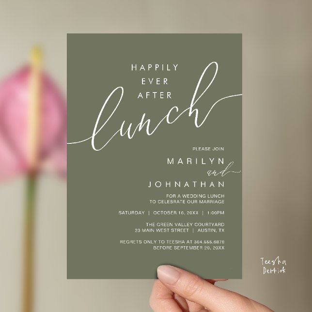 Lyckliga För Evigt Efter Middag Bröllopsmottagning Inbjudningar (Happily Ever After Lunch Wedding Reception Invitation Card in Dusty Sage Green)