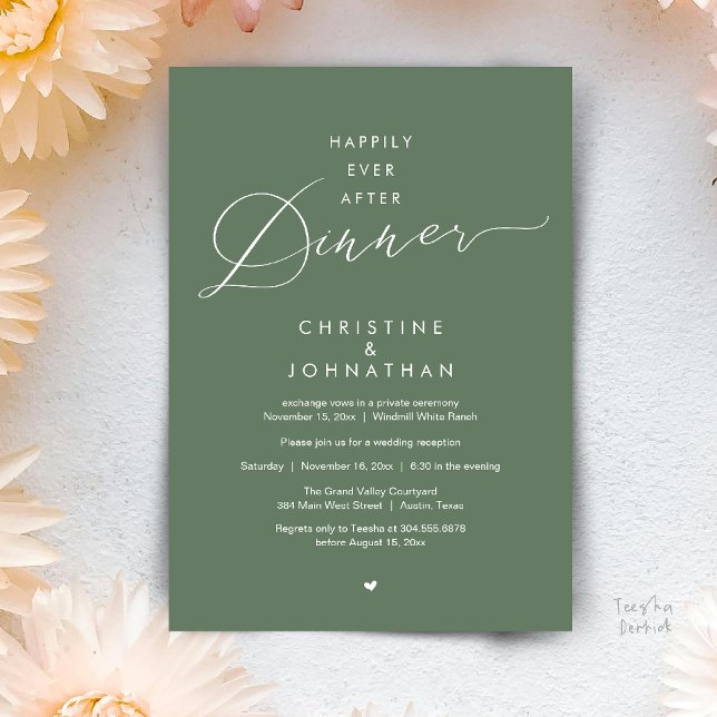 Lyckliga För Evigt Efter Middag Modern Bröllopsmot Inbjudningar (Happily Ever After Dinner Modern Wedding Reception Invitation Card Elopement PDF Sage Green)