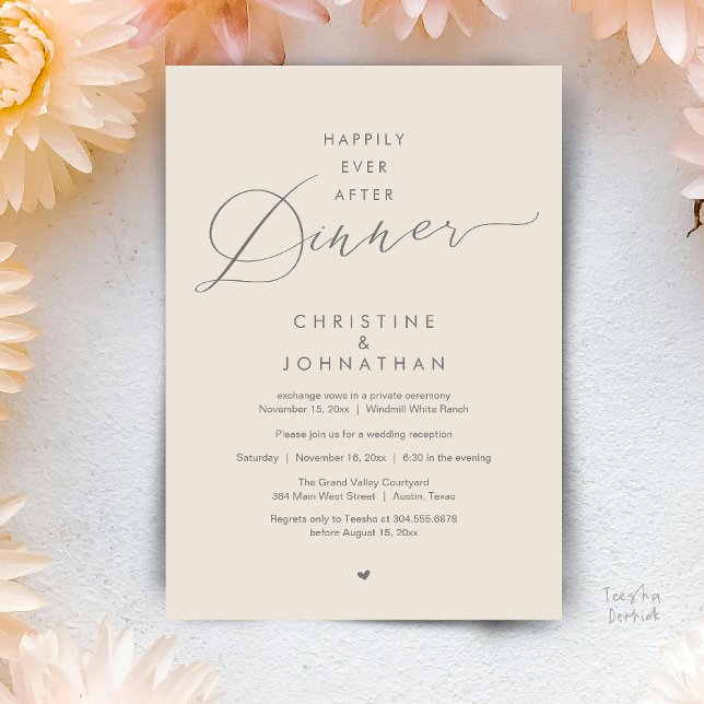 Lyckliga För Evigt Efter Middag Modern Bröllopsmot Inbjudningar (Happily Ever After Dinner Modern Wedding Reception Invitation Card Elopement PDF Cream Grey)