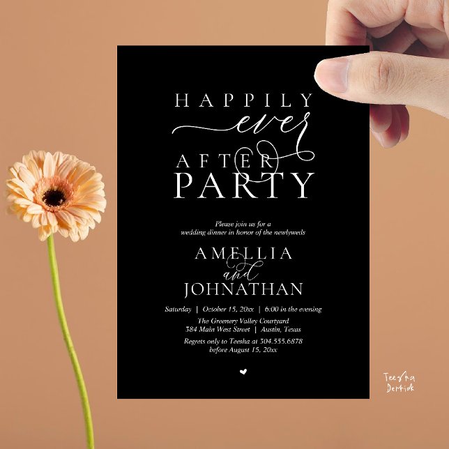 Lyckliga För Evigt Fest Bröllop Elopement Middag Inbjudningar (Happily Ever After Party Wedding Elopement Dinner Invitation Card in Classy Black)