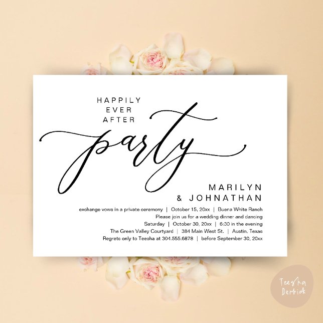 Lyckliga För Evigt Fest Bröllop Flykt Dinner Inbjudningar (Happily Ever After Party Wedding Elopement Romantic Dinner Brunch Invitation Card PDF White Black)