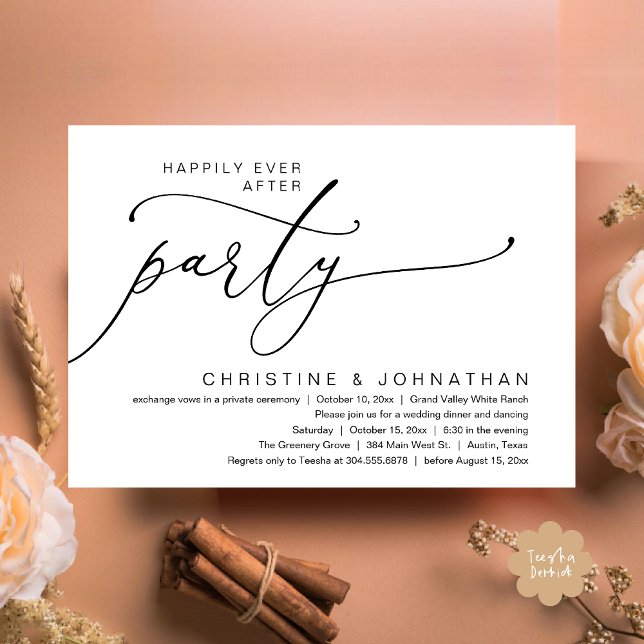 Lyckliga För Evigt Fest, Bröllops Middag Dansande Inbjudningar (Happily Ever After Party, Romantic Modern Elopement Dinner Dancing Invites Card PDF Black White)